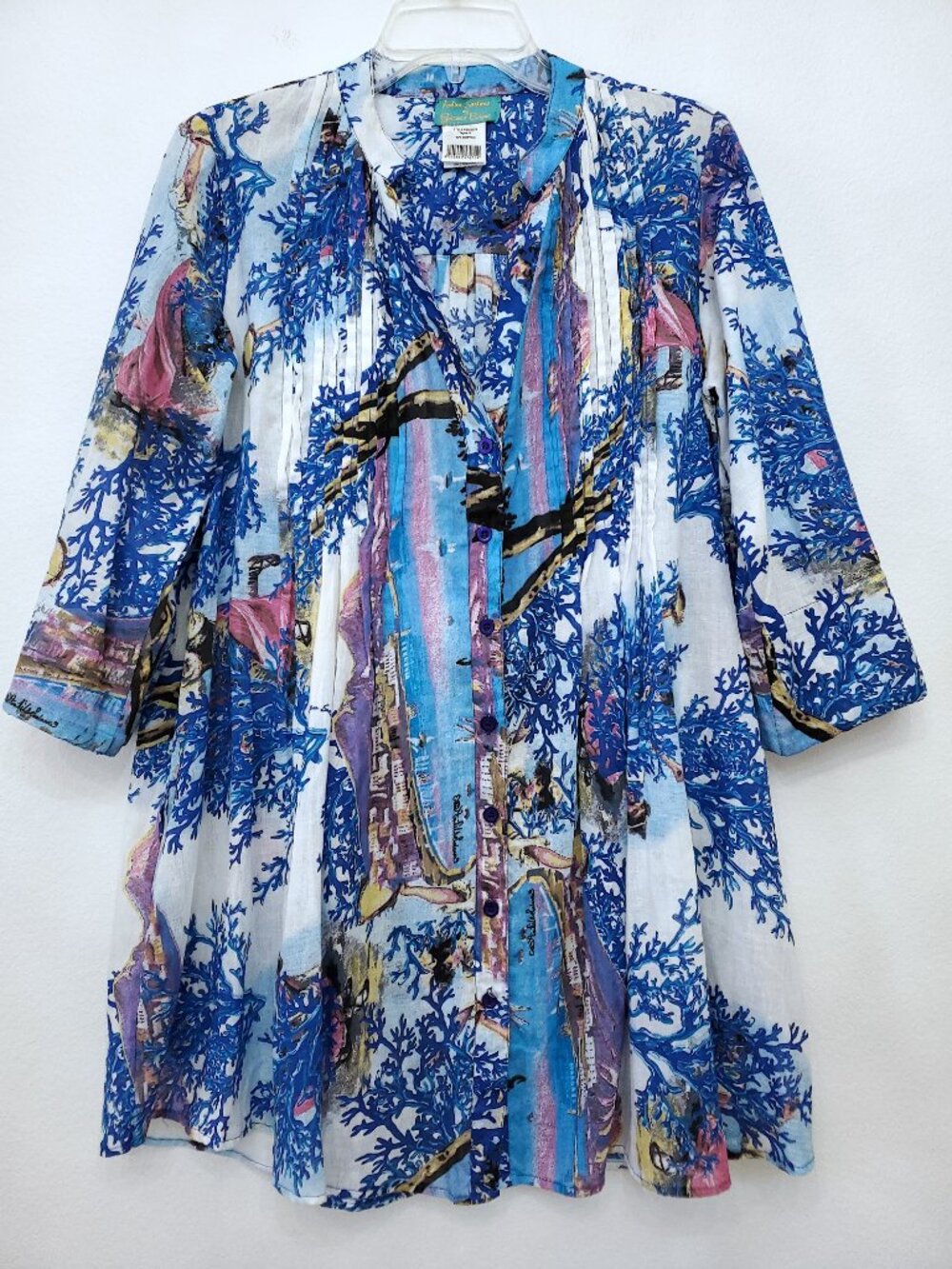 Antica Sartoria Coral Italy Print Colorful V-Neck Tunic Top Mini Dress Small